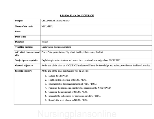 LESSON PLAN- NICU/ PICU