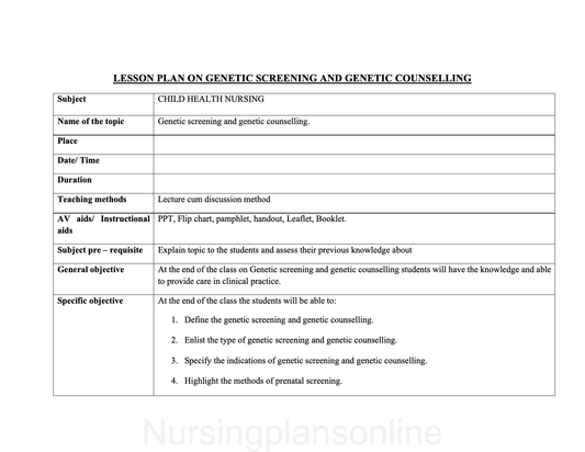 LESSON PLAN- GENETIC  SCREENING AND GENETIC COUNSELING