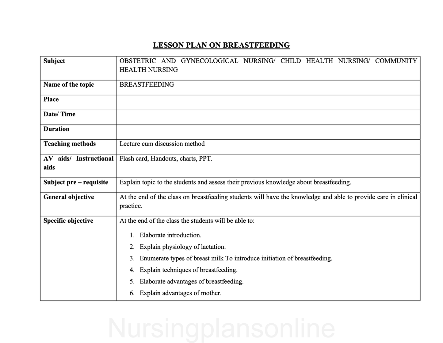 LESSON PLAN- BREASTFEEDING