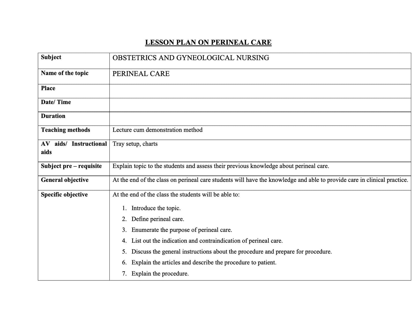 LESSON PLAN- PERINEAL CARE