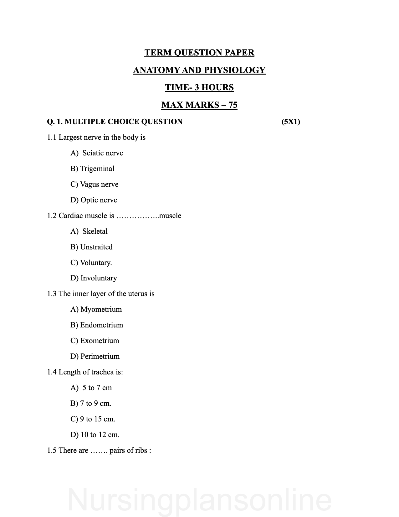 QUESTION PAPER- ANATOMY AND PHYSIOLOGY