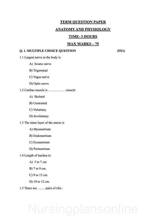 QUESTION PAPER- ANATOMY AND PHYSIOLOGY