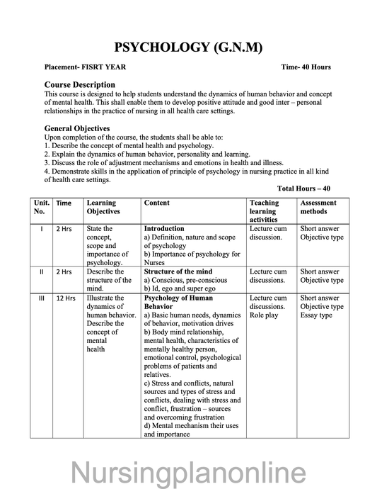 COURSE PLAN- PSYCHOLOGY AND SOCIOLOGY FOR G.N.M. FIRST YEAR - Nursing Plan Online
