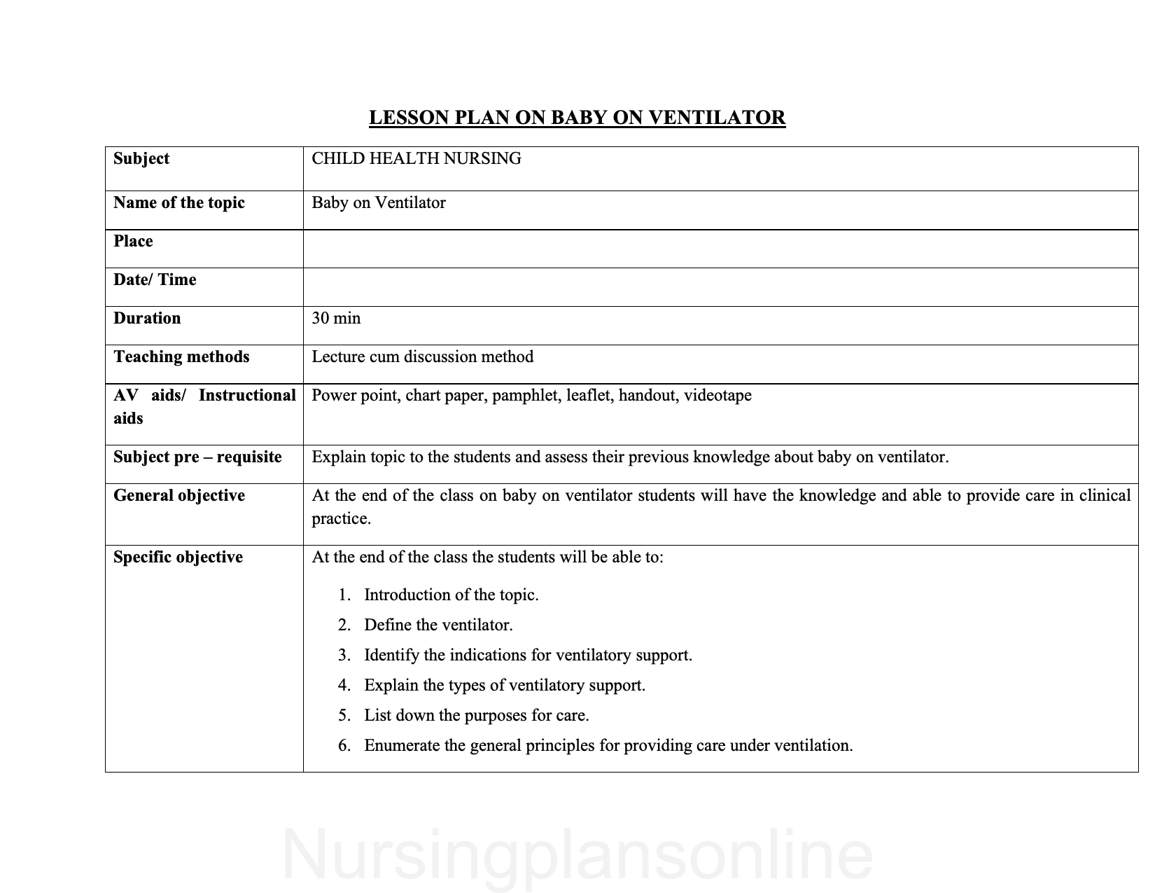 LESSON PLAN- BABY ON VENTILATOR - Nursing Plan Online