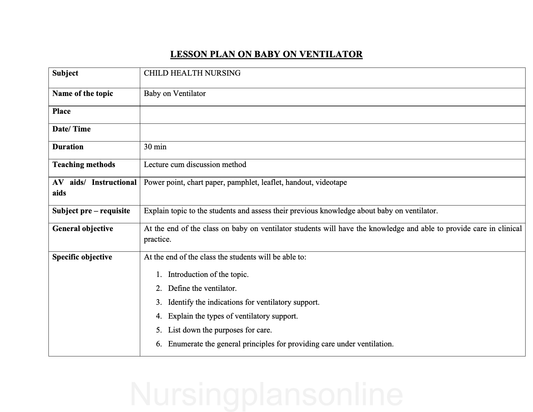 LESSON PLAN- BABY ON VENTILATOR - Nursing Plan Online