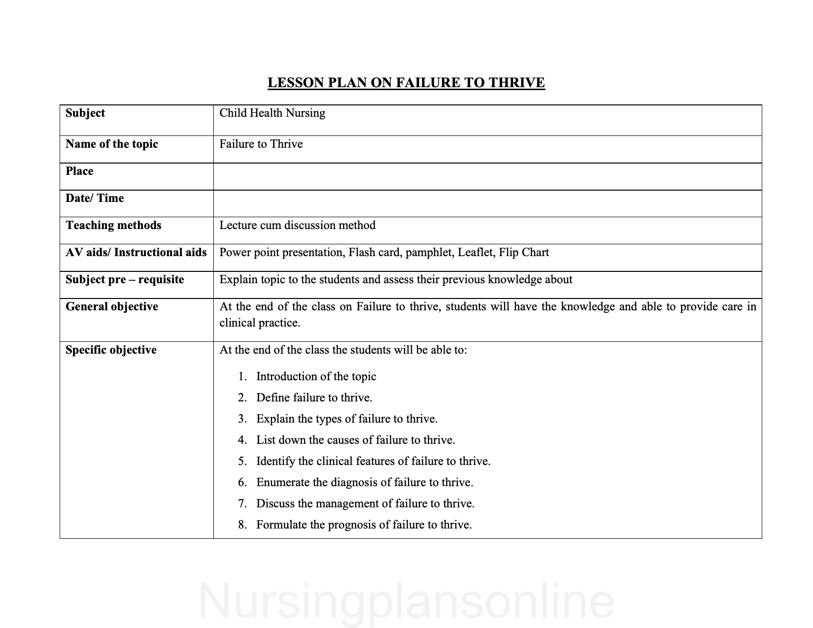 LESSON PLAN- FAILURE TO THRIVE - Nursing Plan Online