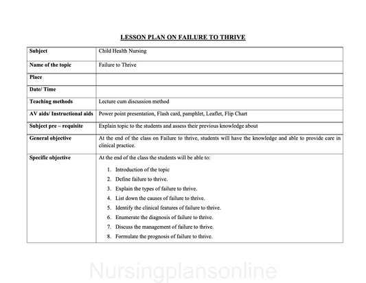 LESSON PLAN- FAILURE TO THRIVE - Nursing Plan Online