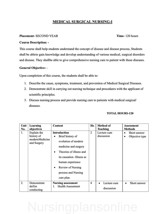 COURSE PLAN- MEDICAL SURGICAL NURSING I FOR G.N.M. SECOND YEAR - Nursing Plan Online