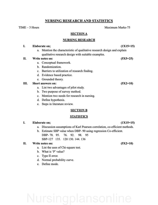 QUESTION PAPER- NURSING RESEARCH