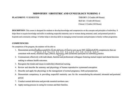 COURSE PLAN- MIDWIFERY/ OBSTETRIC AND GYNECOLOGICAL NURSING B.Sc. NURSING THIRD YEAR FIFTH SEMESTER - Nursing Plan Online