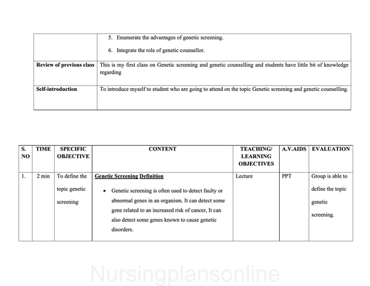 LESSON PLAN- GENETIC  SCREENING AND GENETIC COUNSELING