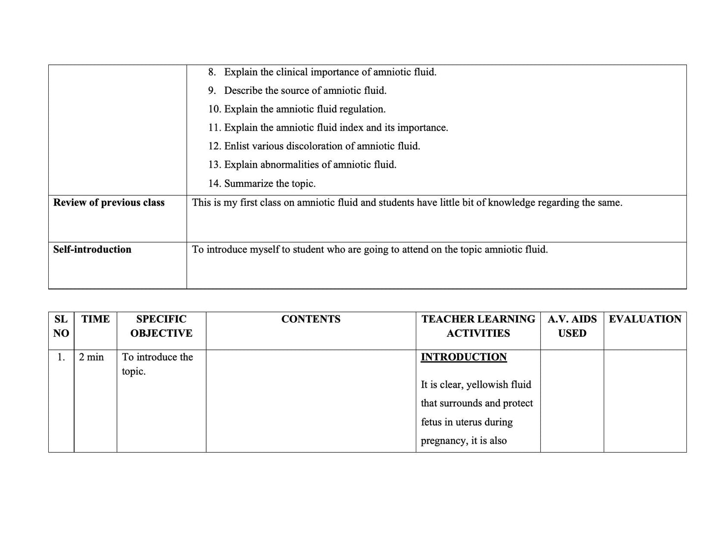LESSON PLAN - AMNIOTIC FLUID
