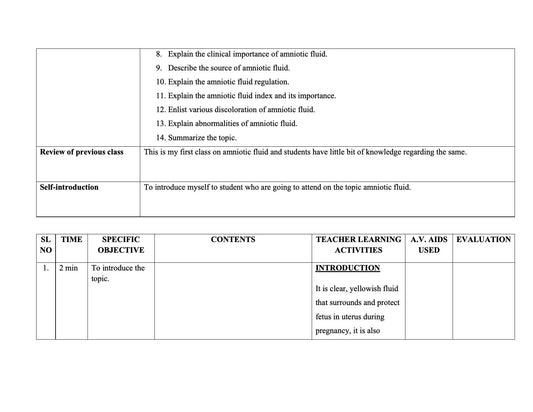 LESSON PLAN - AMNIOTIC FLUID