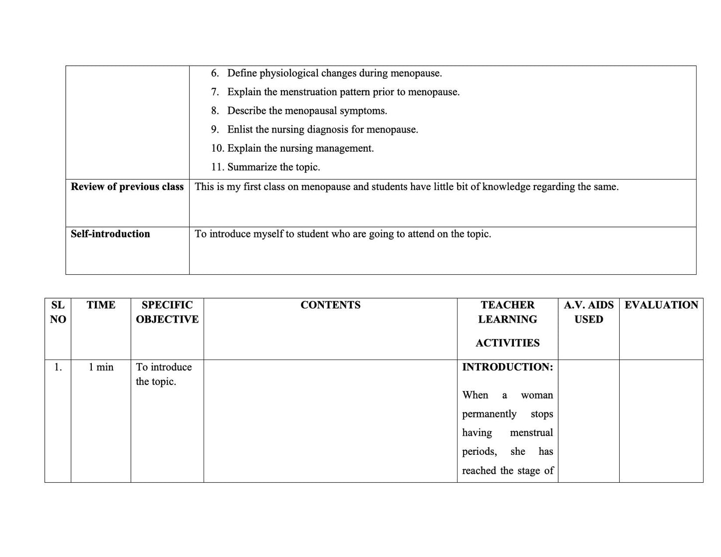 LESSON PLAN- MENOPAUSE