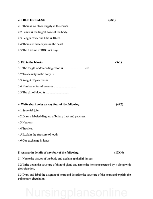 QUESTION PAPER- ANATOMY AND PHYSIOLOGY