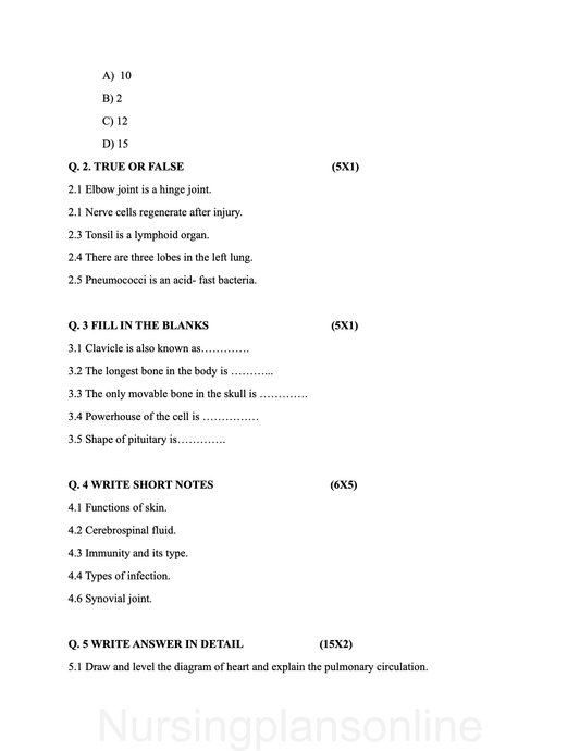 QUESTION PAPER- ANATOMY AND PHYSIOLOGY