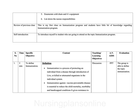 LESSON PLAN- IMMUNIZATION PROGRAM