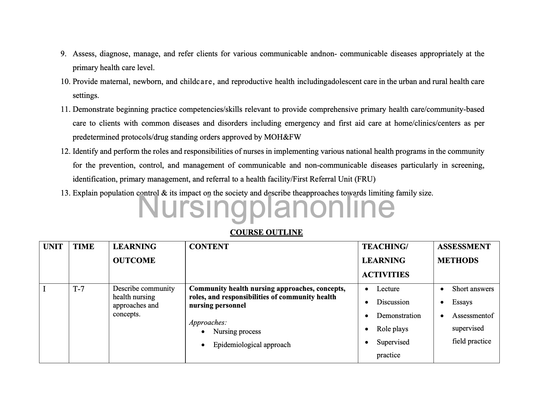 COURSE PLAN- COMMUNITY HEALTH NURSING B.Sc. NURSING THIRD YEAR FIFTH SEMESTER - Nursing Plan Online