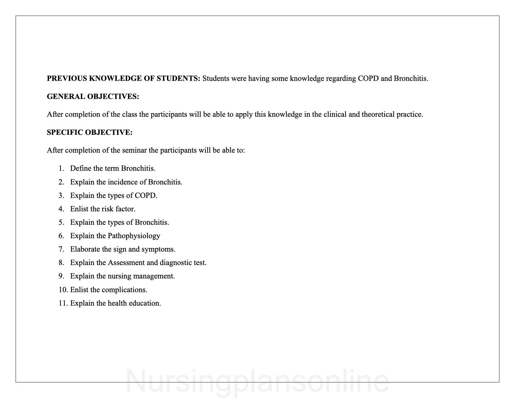 LESSON PLAN- BRONCHITIS - Nursing Plan Online