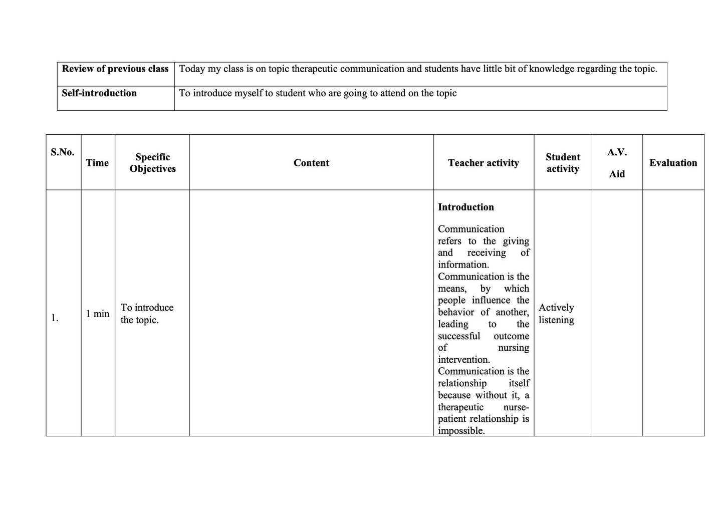 LESSON PLAN- THERAPEUTIC COMMUNICATION