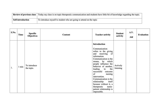 LESSON PLAN- THERAPEUTIC COMMUNICATION