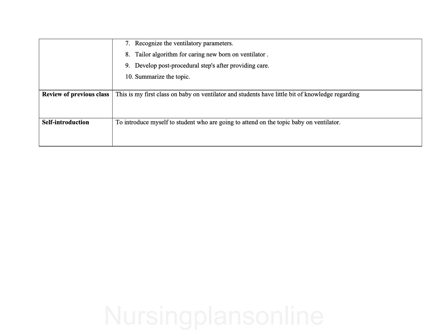LESSON PLAN- BABY ON VENTILATOR - Nursing Plan Online