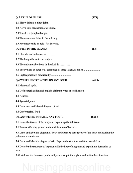 QUESTION PAPER- ANATOMY AND PHYSIOLOGY