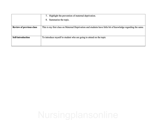 LESSON PLAN- MATERNAL DEPRIVATION - Nursing Plan Online