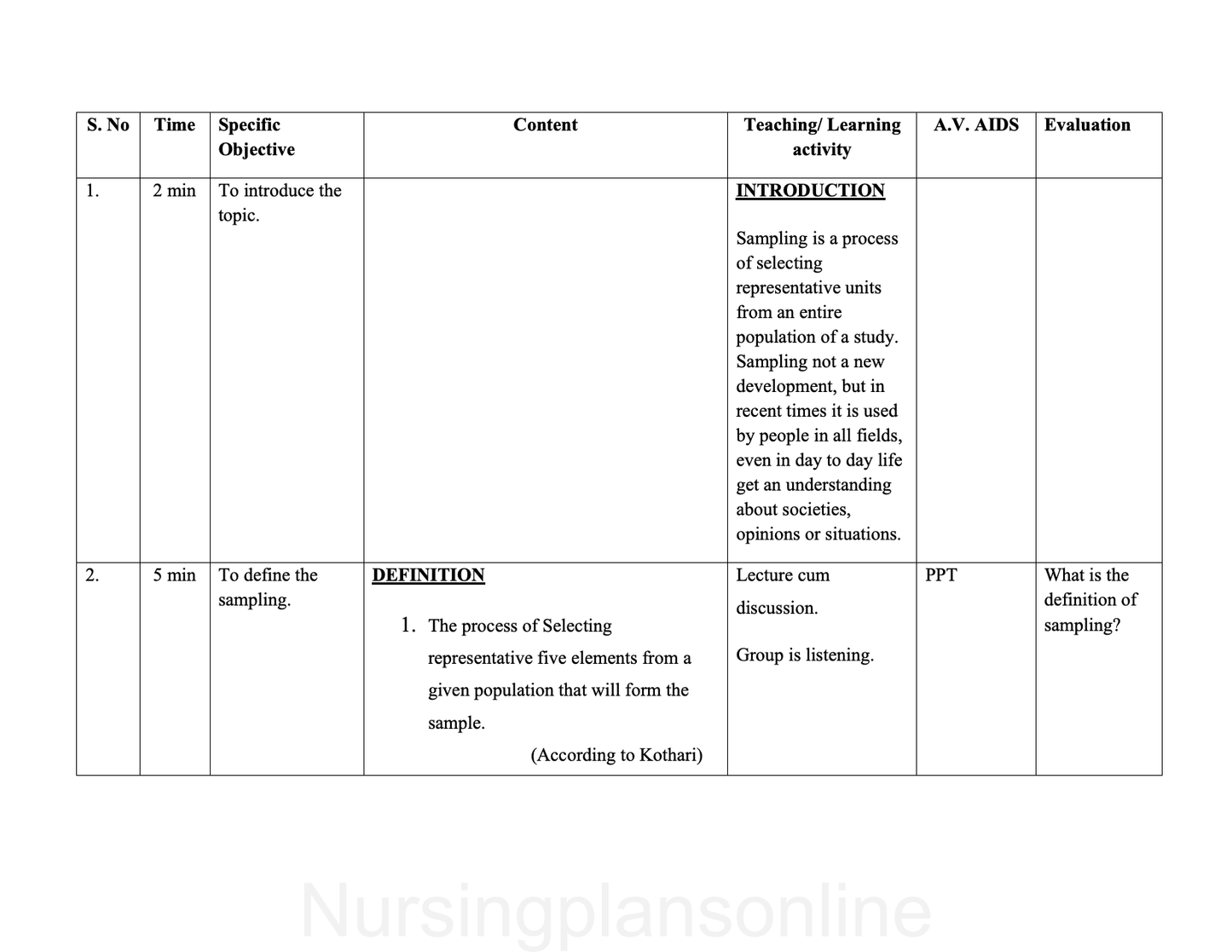 LESSON PLAN - SAMPLING
