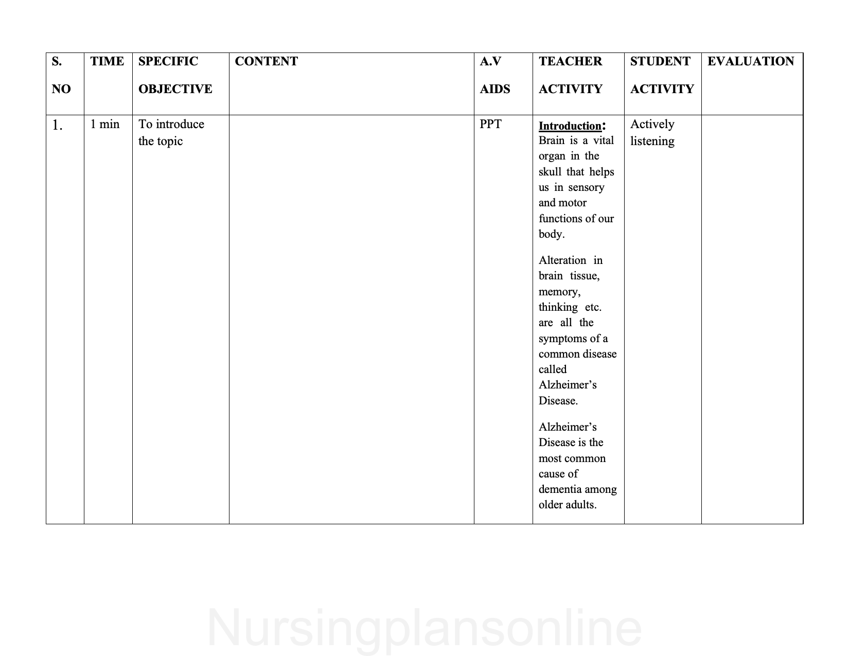 LESSON PLAN - ALZHEIMER'S DISEASE - Nursing Plan Online