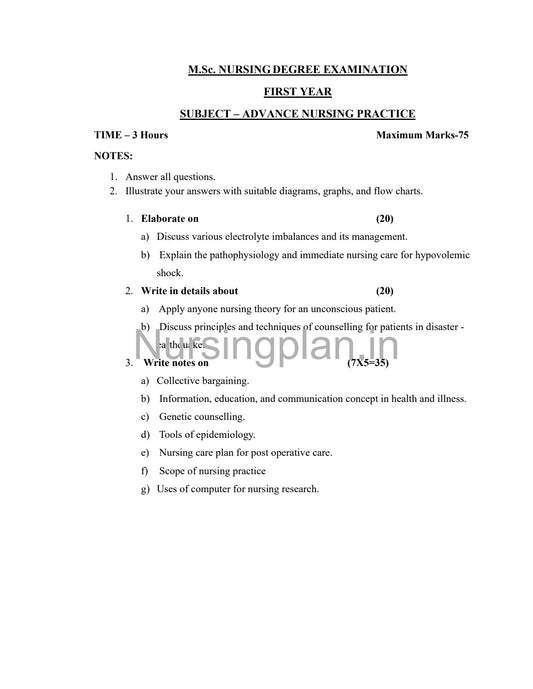 QUESTION PAPER- ADVANCE NURSING PRACTICE - Nursing Plan Online