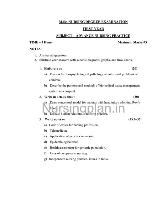 QUESTION PAPER- ADVANCE NURSING PRACTICE - Nursing Plan Online