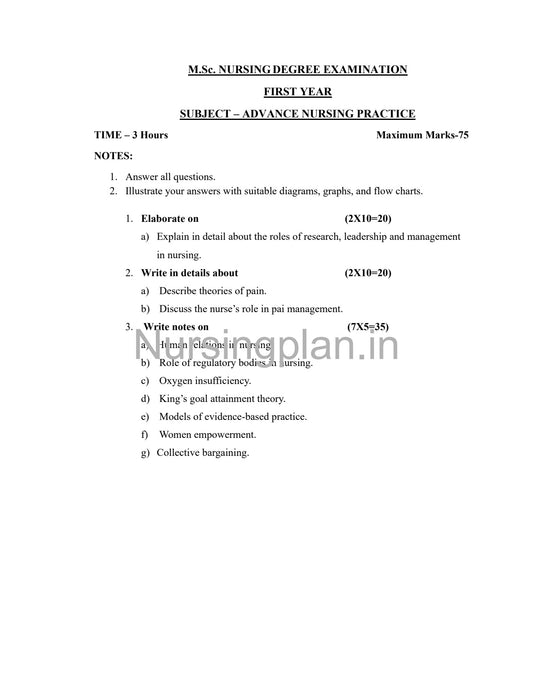 QUESTION PAPER- ADVANCE NURSING PRACTICE - Nursing Plan Online