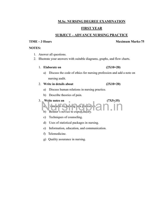 QUESTION PAPER- ADVANCE NURSING PRACTICE - Nursing Plan Online