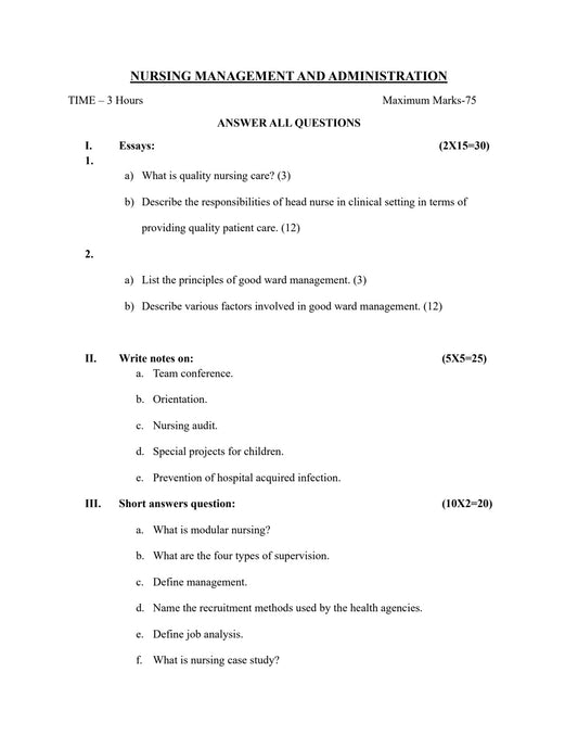 QUESTION PAPER- NURSING MANAGEMENT AND ADMINISTRATION