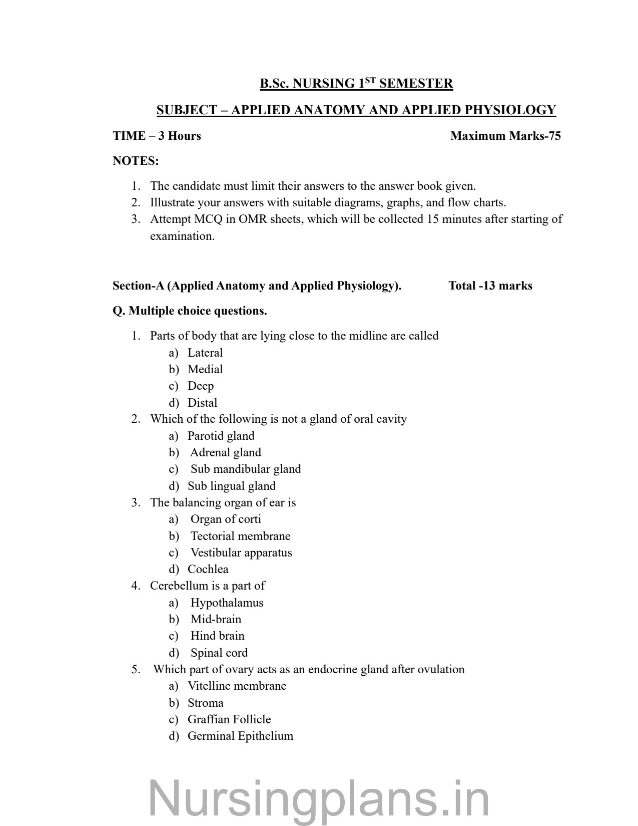 QUESTION PAPER- APPLIED ANATOMY AND APPLIED PHYSIOLOGY