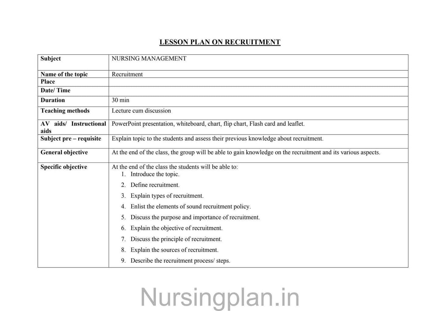 Lesson plan recruitment