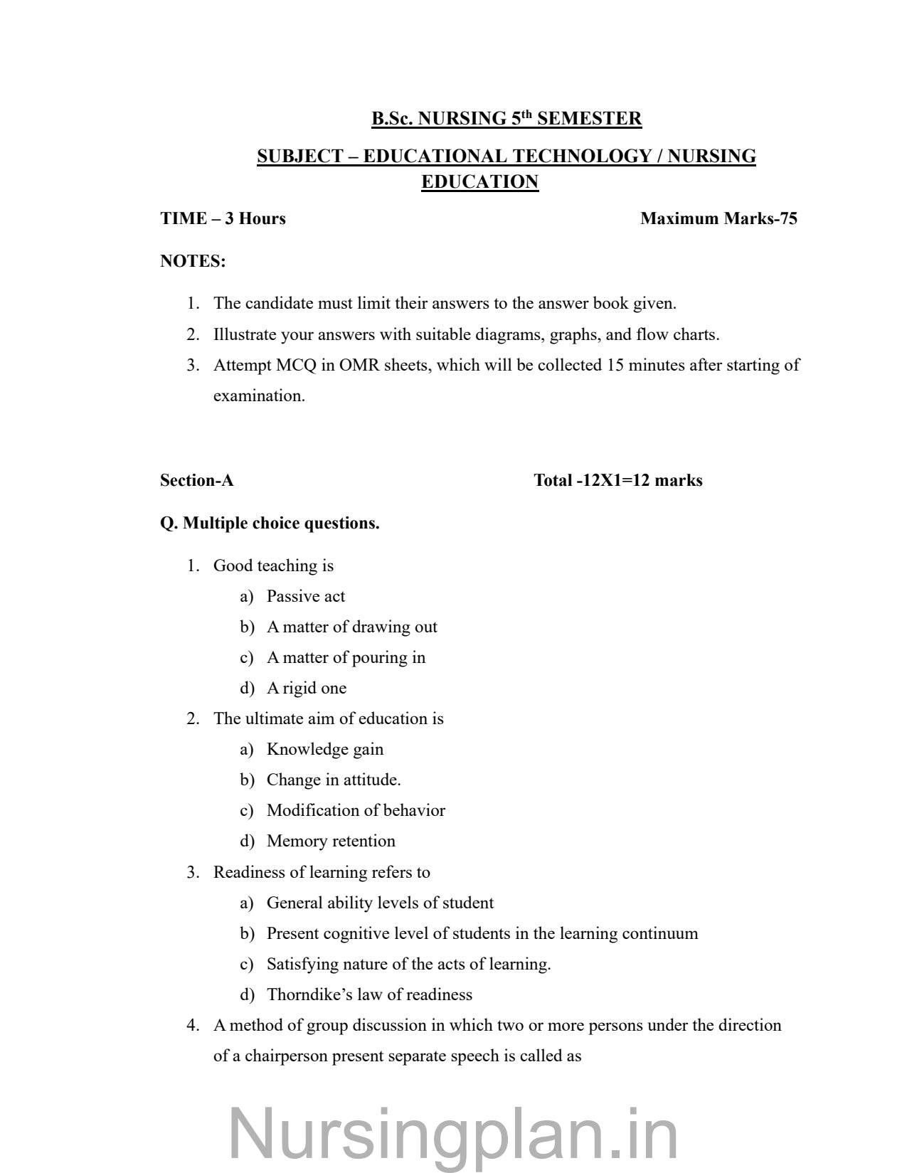 QUESTION PAPER- EDUCATIONAL TECHNOLOGY/ NURSING EDUCATION (5TH SEMESTER) - Nursing Plan Online