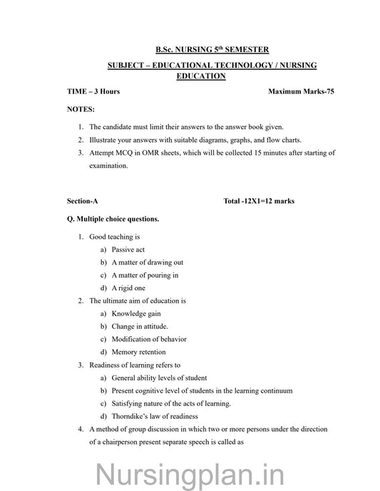 QUESTION PAPER- EDUCATIONAL TECHNOLOGY/ NURSING EDUCATION (5TH SEMESTER) - Nursing Plan Online