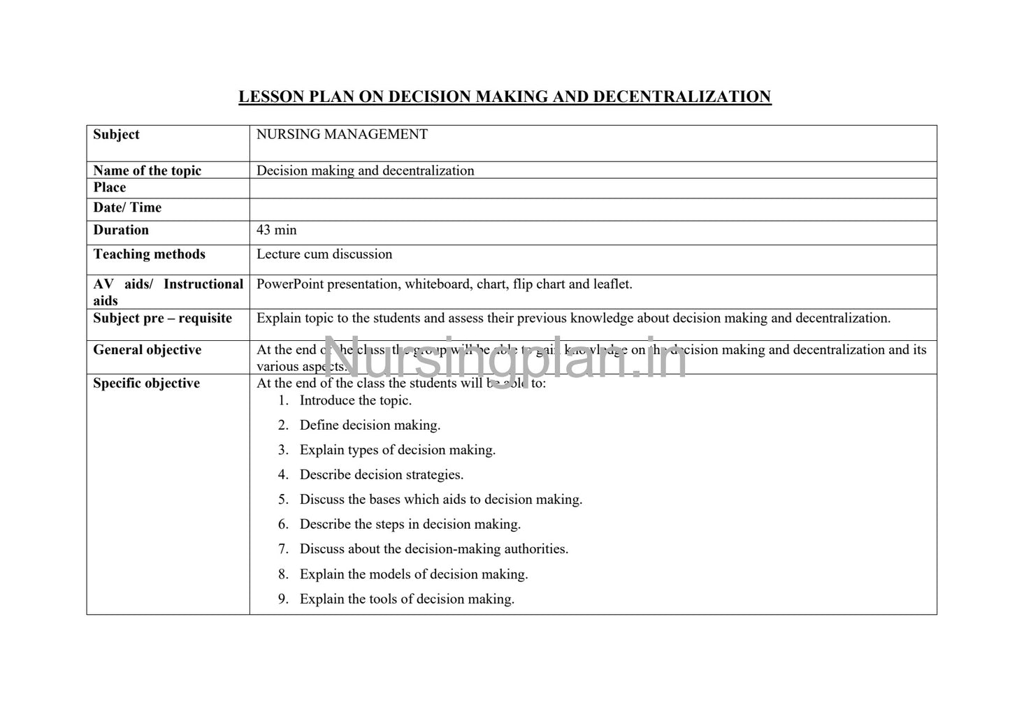 Decision Making Lesson Plan for Effective Decentralization - Nursing Plan Online