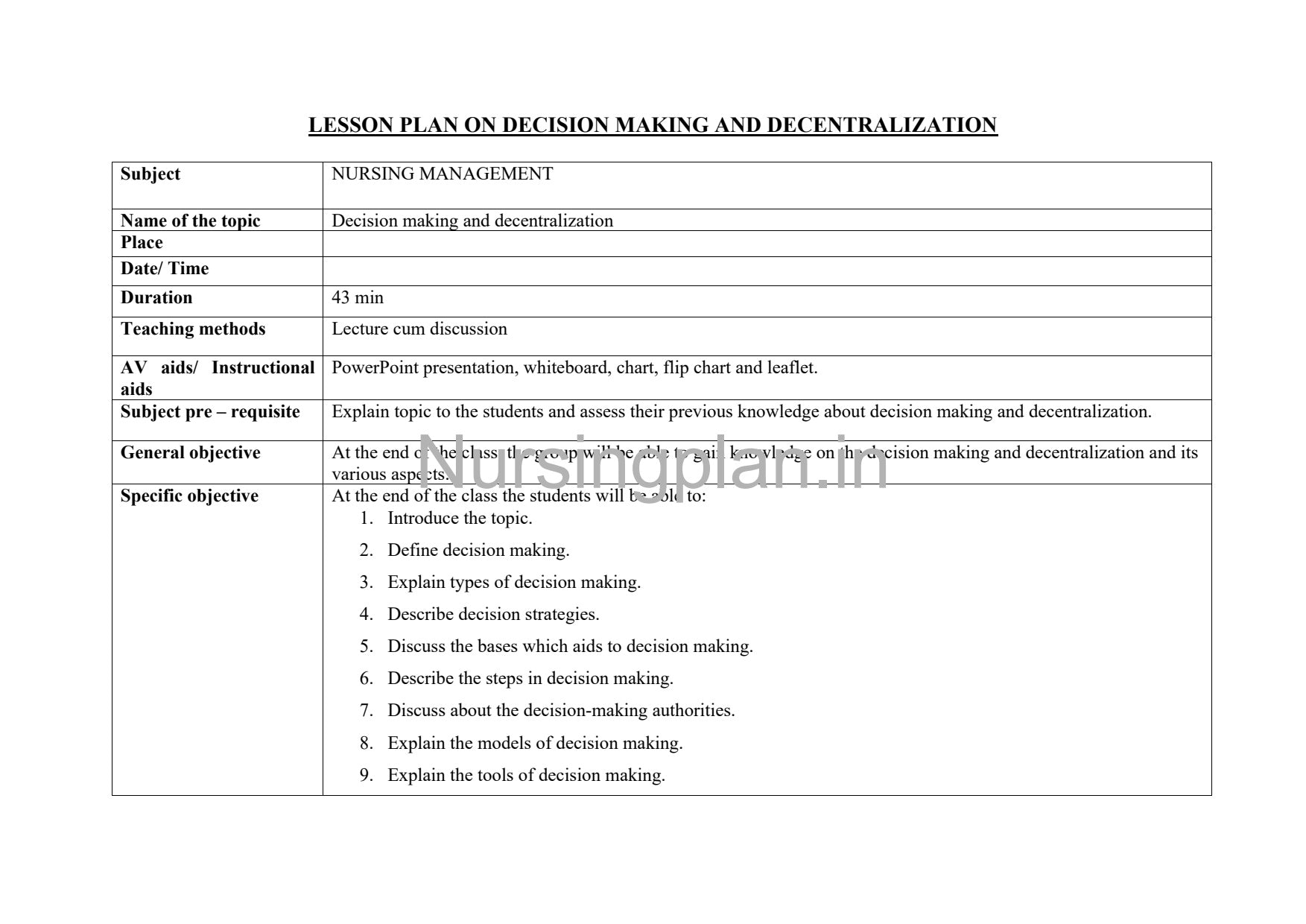 Decision Making Lesson Plan for Effective Decentralization - Nursing Plan Online