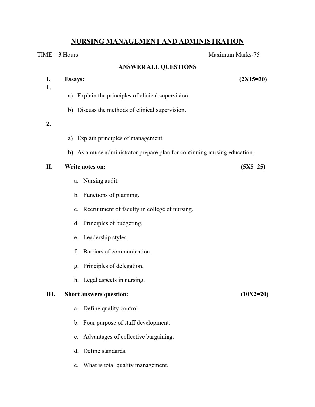 QUESTION PAPER- NURSING MANAGEMENT AND ADMINISTRATION