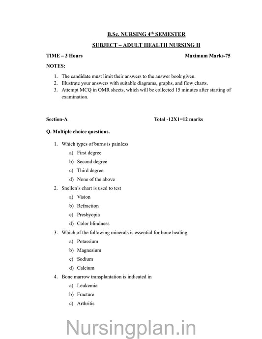 QUESTION PAPER - ADULT HEALTH NURSING II (FOURTH SEMESTER) - Nursing Plan Online