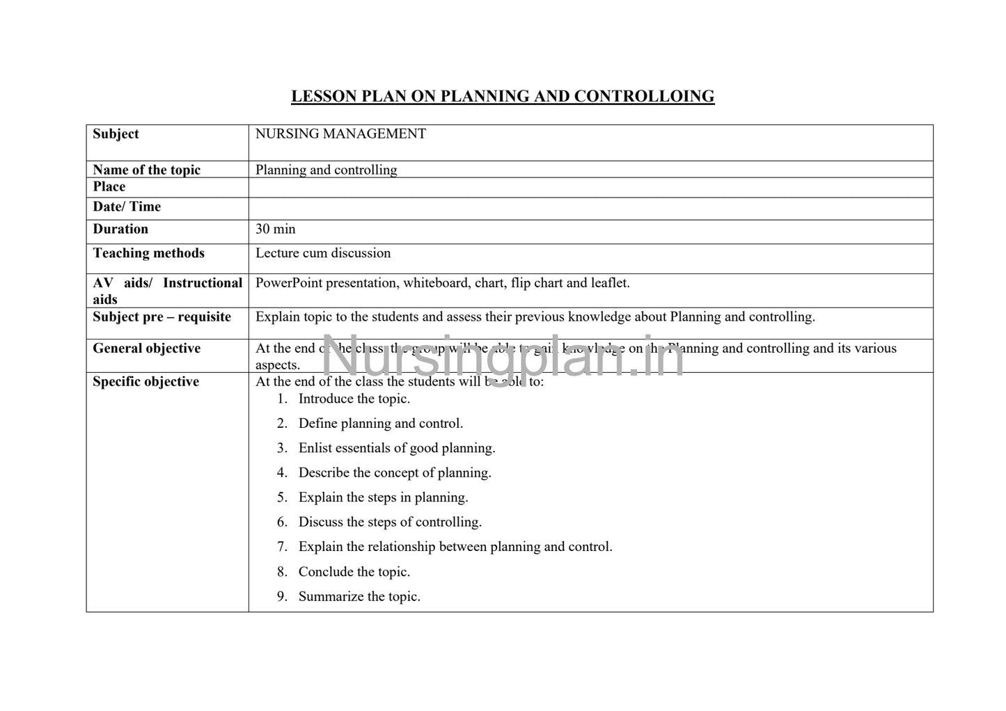 Planning and Controlling Lesson Plan - Nursing Plan Online