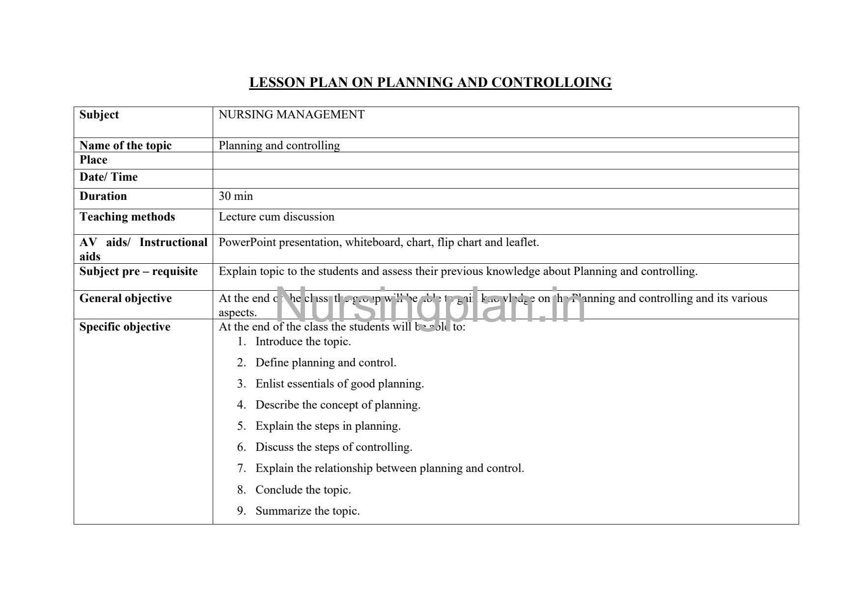 Planning and Controlling Lesson Plan - Nursing Plan Online