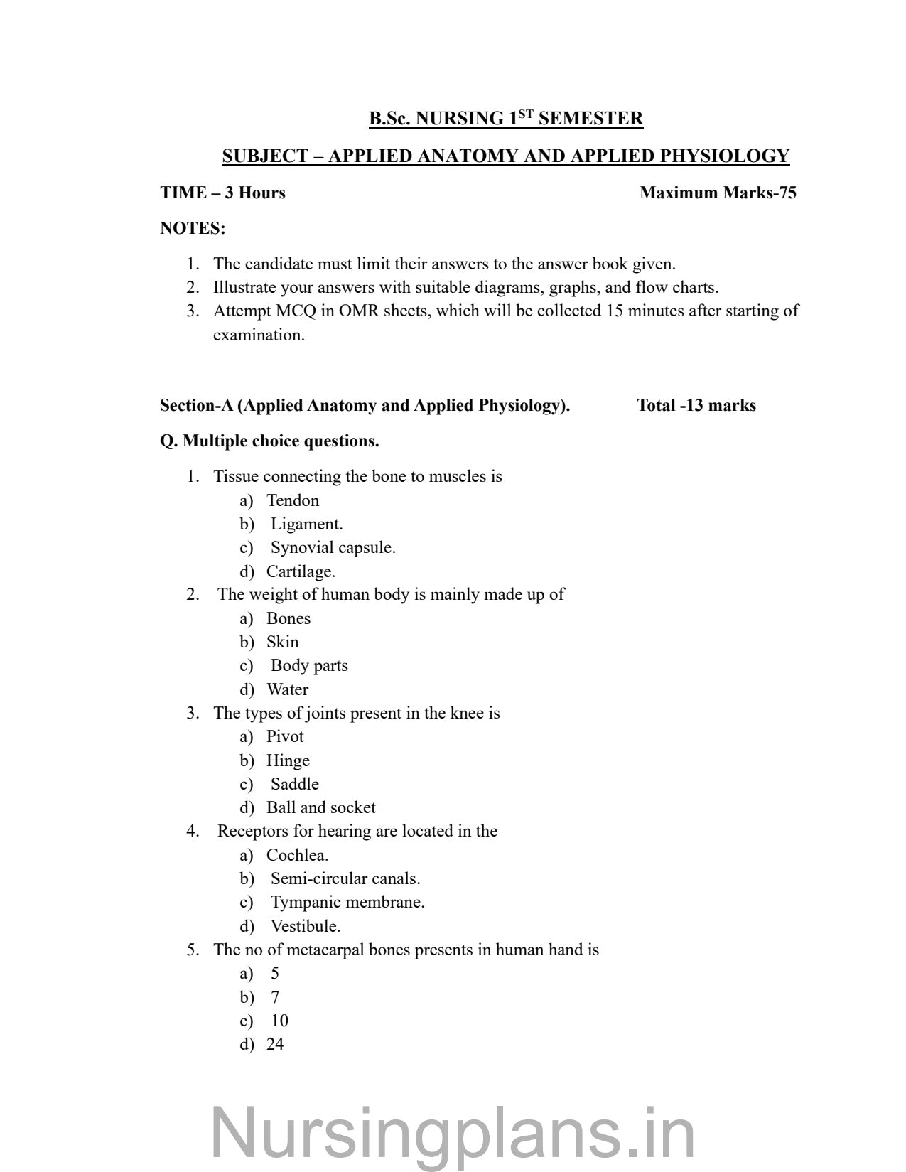 QUESTION PAPER- APPLIED ANATOMY AND APPLIED PHYSIOLOGY