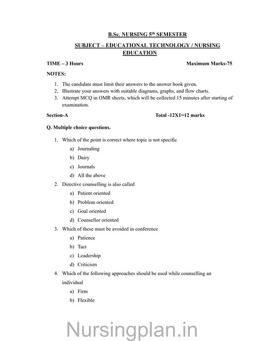 QUESTION PAPER- EDUCATIONAL TECHNOLOGY/ NURSING EDUCATION (5TH SEMESTER) - Nursing Plan Online