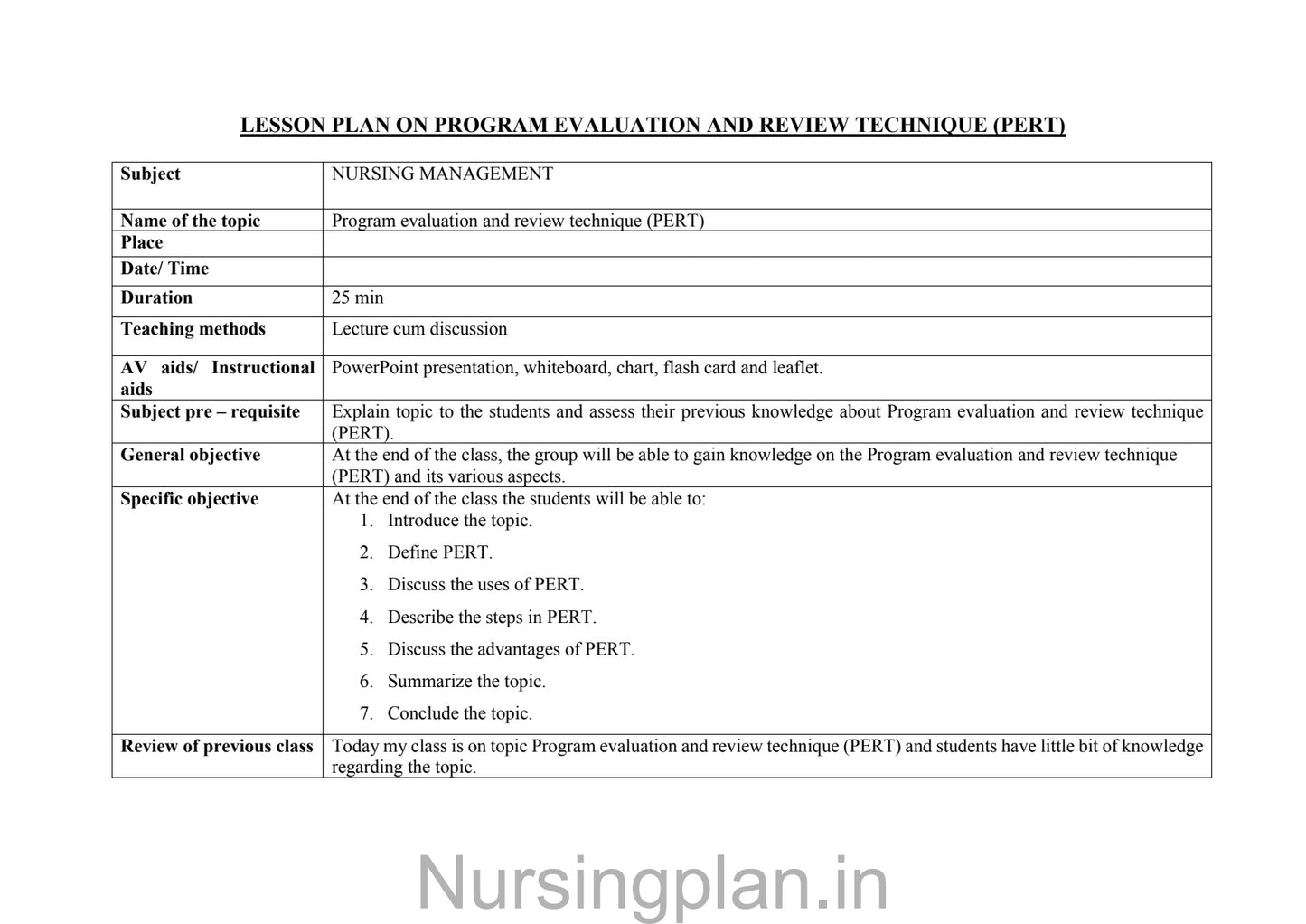 Program evaluation and review technique (PERT) lesson plan