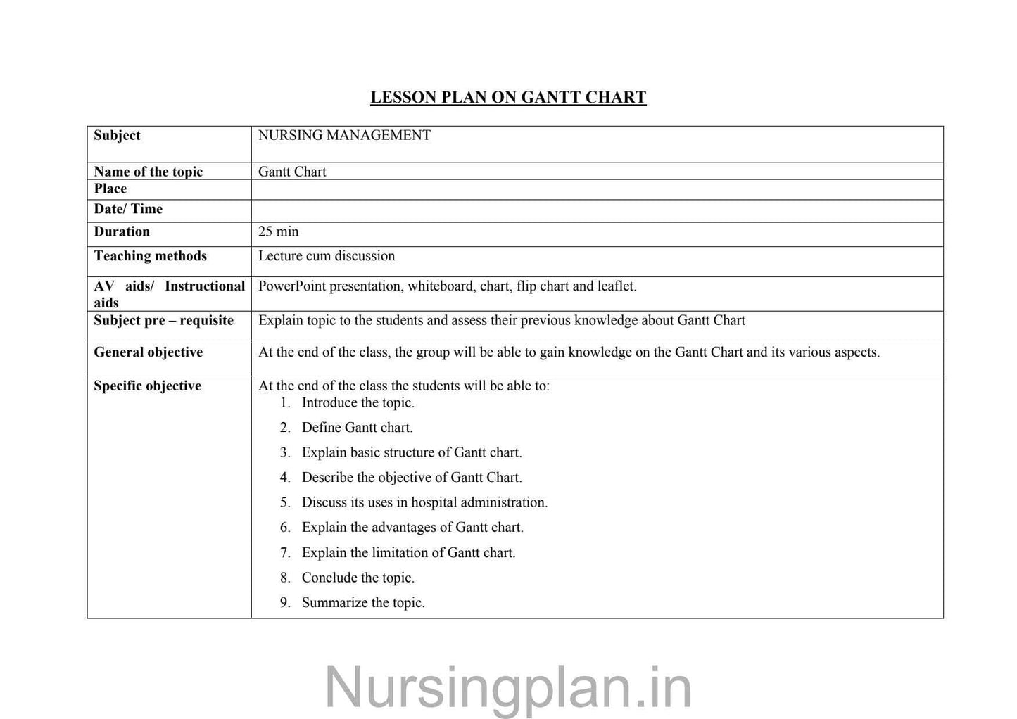 Gantt chart lesson plan