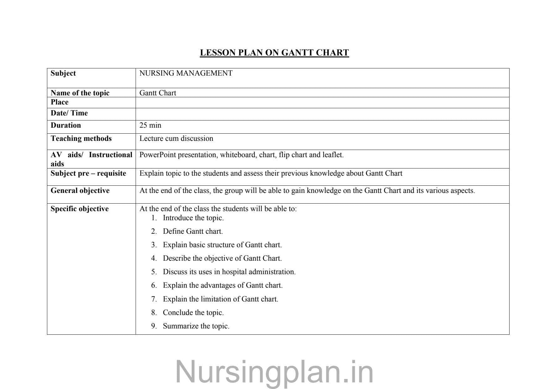 Gantt chart lesson plan